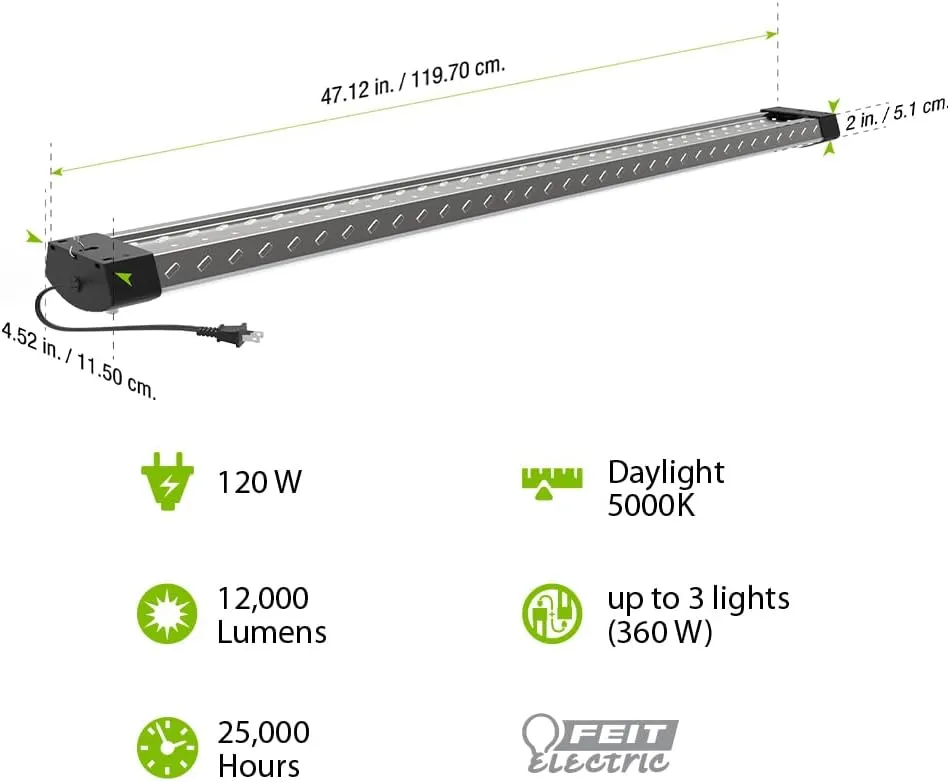 4ft LED Shop Light, 12,000 Lumens, 5000K Daylight, High Output, Linkable, Hanging/Flush Mount, Ultra-Lightweight, 120W LED Garage & Workshop Lighting, 25,000-Hour Lifespan, SHOP/4/HO/850