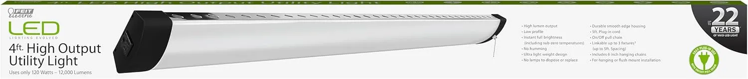 4ft LED Shop Light, 12,000 Lumens, 5000K Daylight, High Output, Linkable, Hanging/Flush Mount, Ultra-Lightweight, 120W LED Garage & Workshop Lighting, 25,000-Hour Lifespan, SHOP/4/HO/850