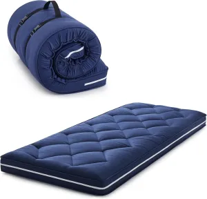 4Inch Twin Floor Mattress,3 Layer Structure Cot Mattress Topper,Gel Memory Foam Futon Mattress,Removable Thickened Cover,Portable Roll Up Sleep Pad (Blue, 75X38“)