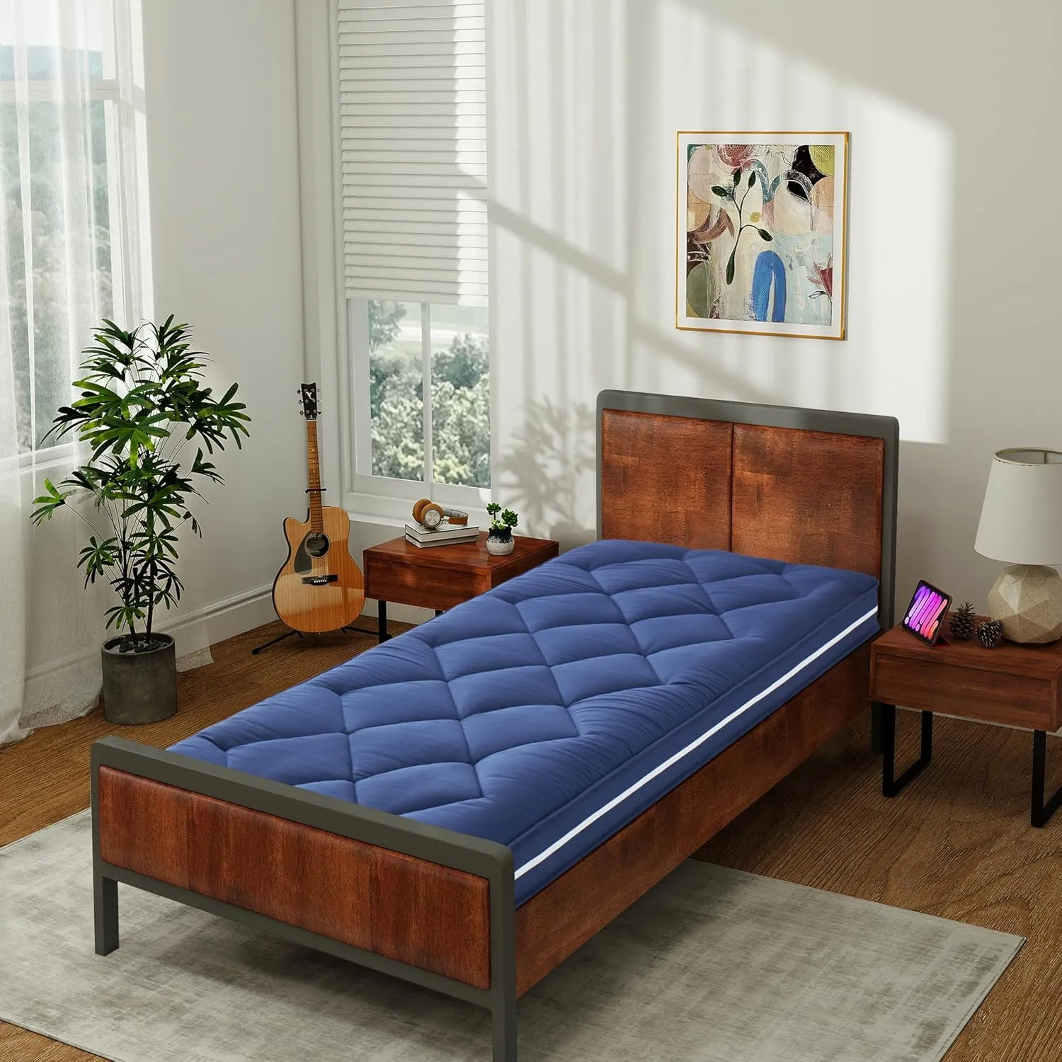 4Inch Twin Floor Mattress,3 Layer Structure Cot Mattress Topper,Gel Memory Foam Futon Mattress,Removable Thickened Cover,Portable Roll Up Sleep Pad (Blue, 75X38“)