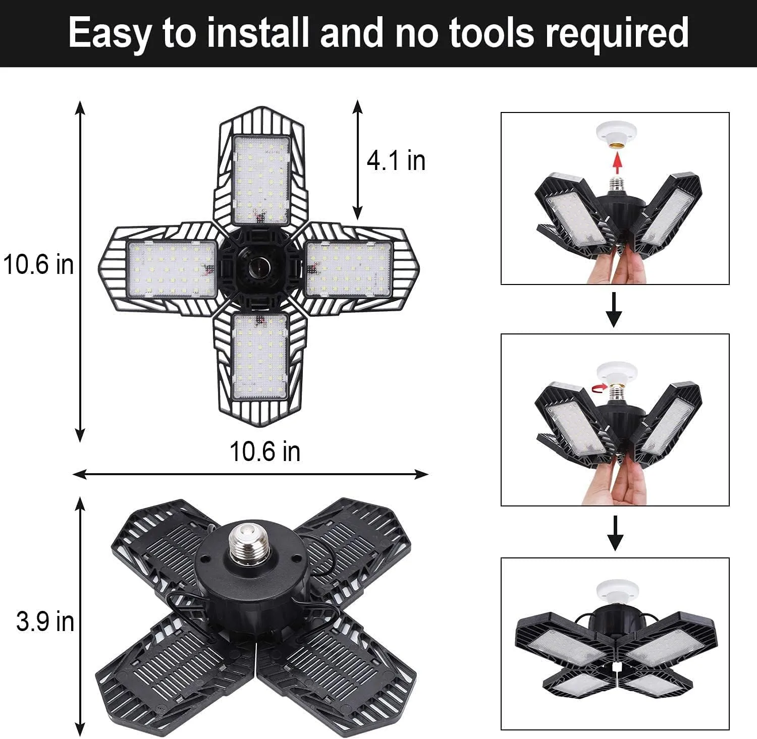 4Pack LED Garage Lights, 100W Deformable LED Garage Lighting 10000LM E26 Daylight 6000K LED Ceiling Lights - Super Bright, Adjustable for Garage, Warehouse