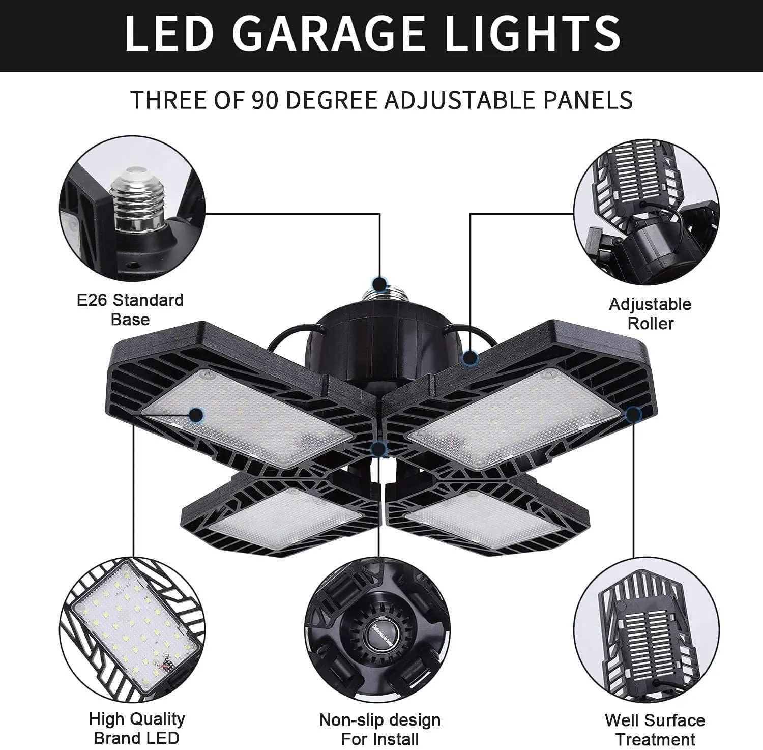 4Pack LED Garage Lights, 100W Deformable LED Garage Lighting 10000LM E26 Daylight 6000K LED Ceiling Lights - Super Bright, Adjustable for Garage, Warehouse