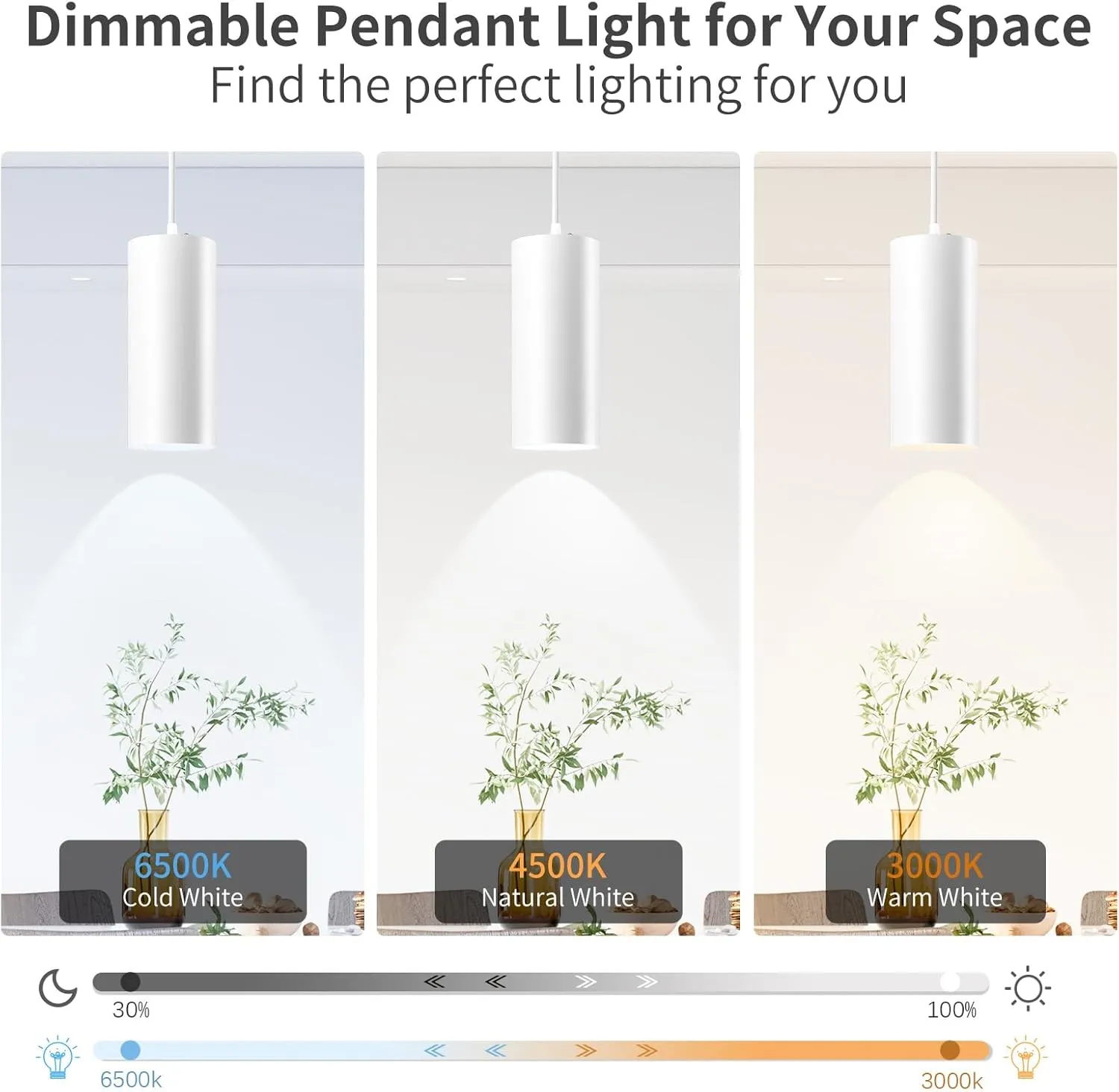 4" Pendant Lights Kitchen Island, 25W Cylinder Hanging Lights with Dipswitch, Modern Eye Care Led Pendant Lamp fixtures for Bedroom, Living Room, Office (White, 1 Pcs)