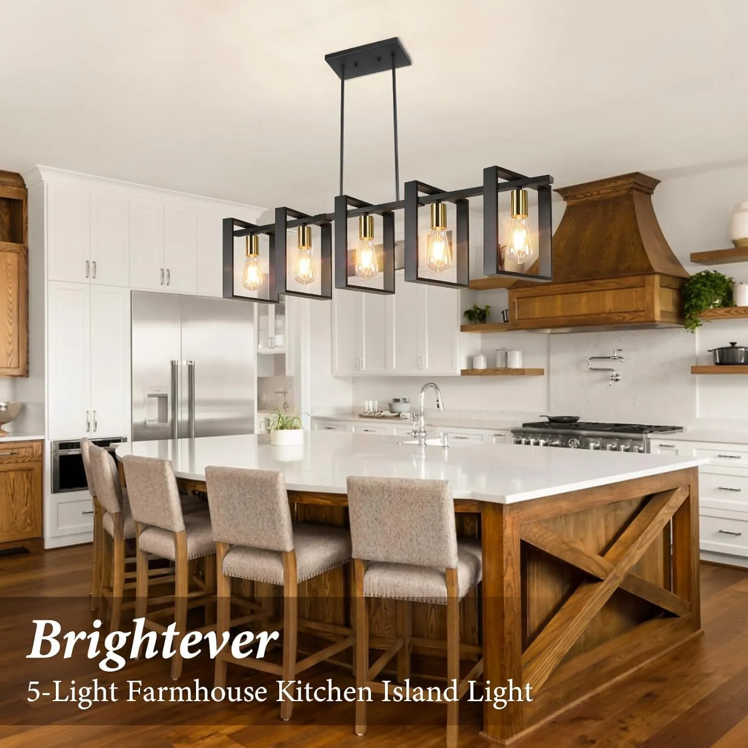 5-Light Black Gold Dining Room Light Fixture, 53’’ Farmhouse Wood Chandelier Kitchen Island Lighting Over Table, Modern Black Rectangular Hanging Pendant Light Fixture for Living Room, E26 Sockets