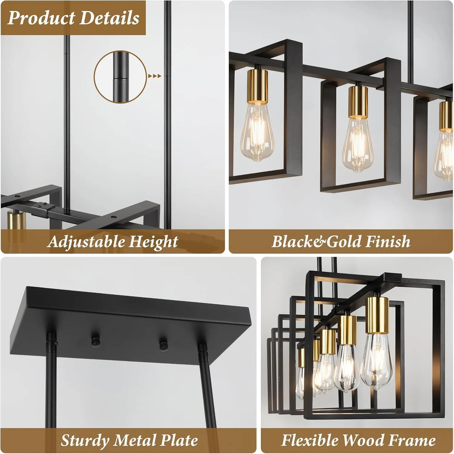 5-Light Black Gold Dining Room Light Fixture, 53’’ Farmhouse Wood Chandelier Kitchen Island Lighting Over Table, Modern Black Rectangular Hanging Pendant Light Fixture for Living Room, E26 Sockets