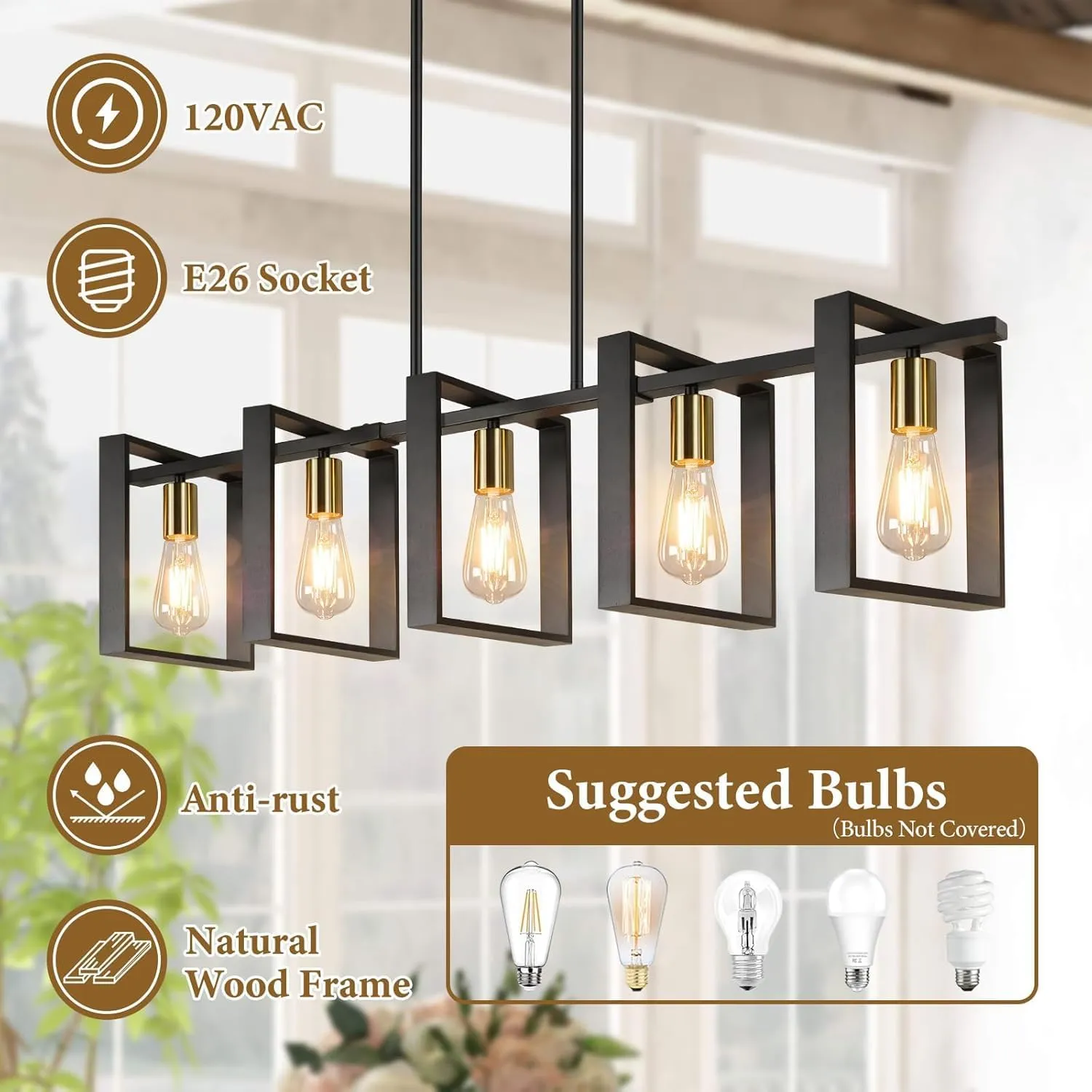 5-Light Black Gold Dining Room Light Fixture, 53’’ Farmhouse Wood Chandelier Kitchen Island Lighting Over Table, Modern Black Rectangular Hanging Pendant Light Fixture for Living Room, E26 Sockets
