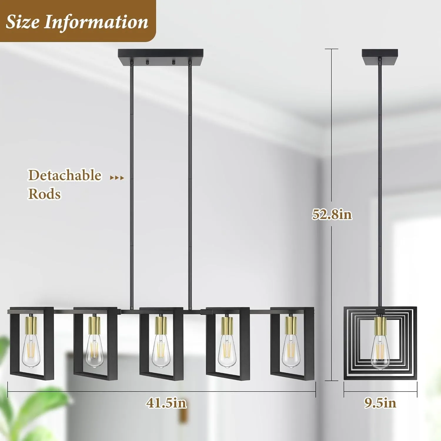 5-Light Black Gold Dining Room Light Fixture, 53’’ Farmhouse Wood Chandelier Kitchen Island Lighting Over Table, Modern Black Rectangular Hanging Pendant Light Fixture for Living Room, E26 Sockets