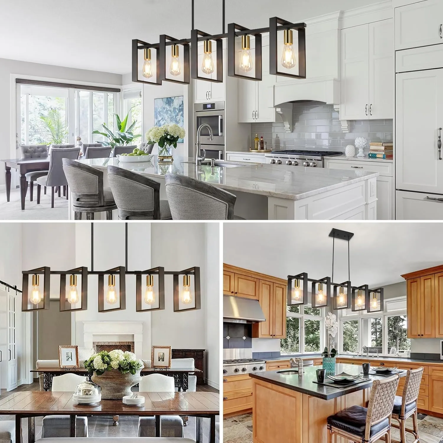 5-Light Black Gold Dining Room Light Fixture, 53’’ Farmhouse Wood Chandelier Kitchen Island Lighting Over Table, Modern Black Rectangular Hanging Pendant Light Fixture for Living Room, E26 Sockets