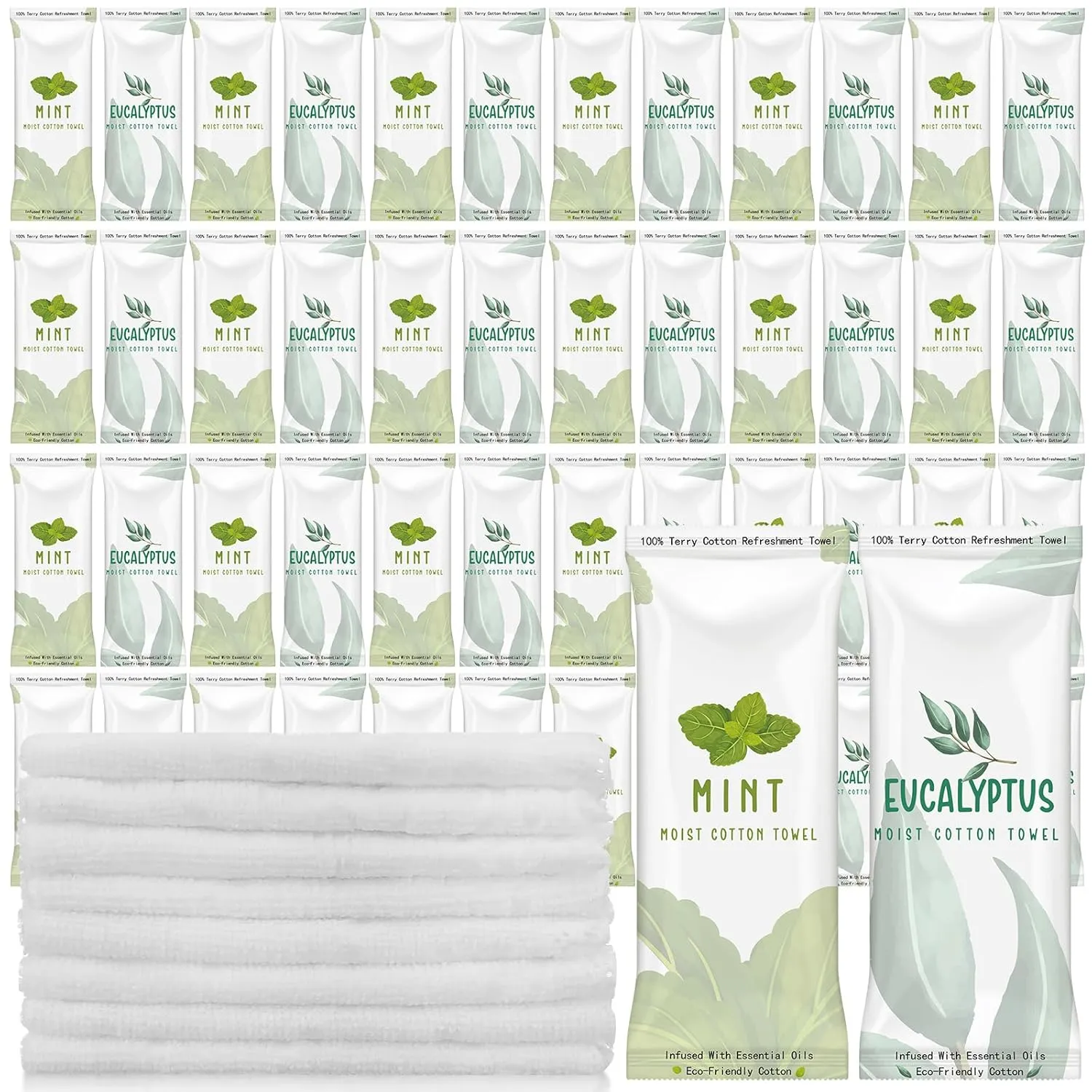 50 Pcs Moist Towelettes Individually Wrapped Scented Disposable Face Towels Essential Oil Infused Moist Terry Cotton Towel for Use Hot or Cold Travel Body Spa (Mint, Eucalyptus Leaves)