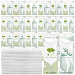 50 Pcs Moist Towelettes Individually Wrapped Scented Disposable Face Towels Essential Oil Infused Moist Terry Cotton Towel for Use Hot or Cold Travel Body Spa (Mint, Eucalyptus Leaves)