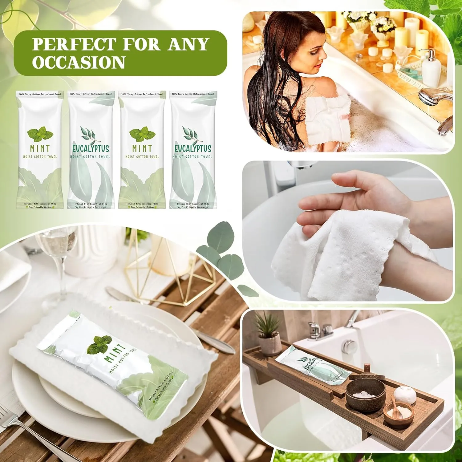 50 Pcs Moist Towelettes Individually Wrapped Scented Disposable Face Towels Essential Oil Infused Moist Terry Cotton Towel for Use Hot or Cold Travel Body Spa (Mint, Eucalyptus Leaves)