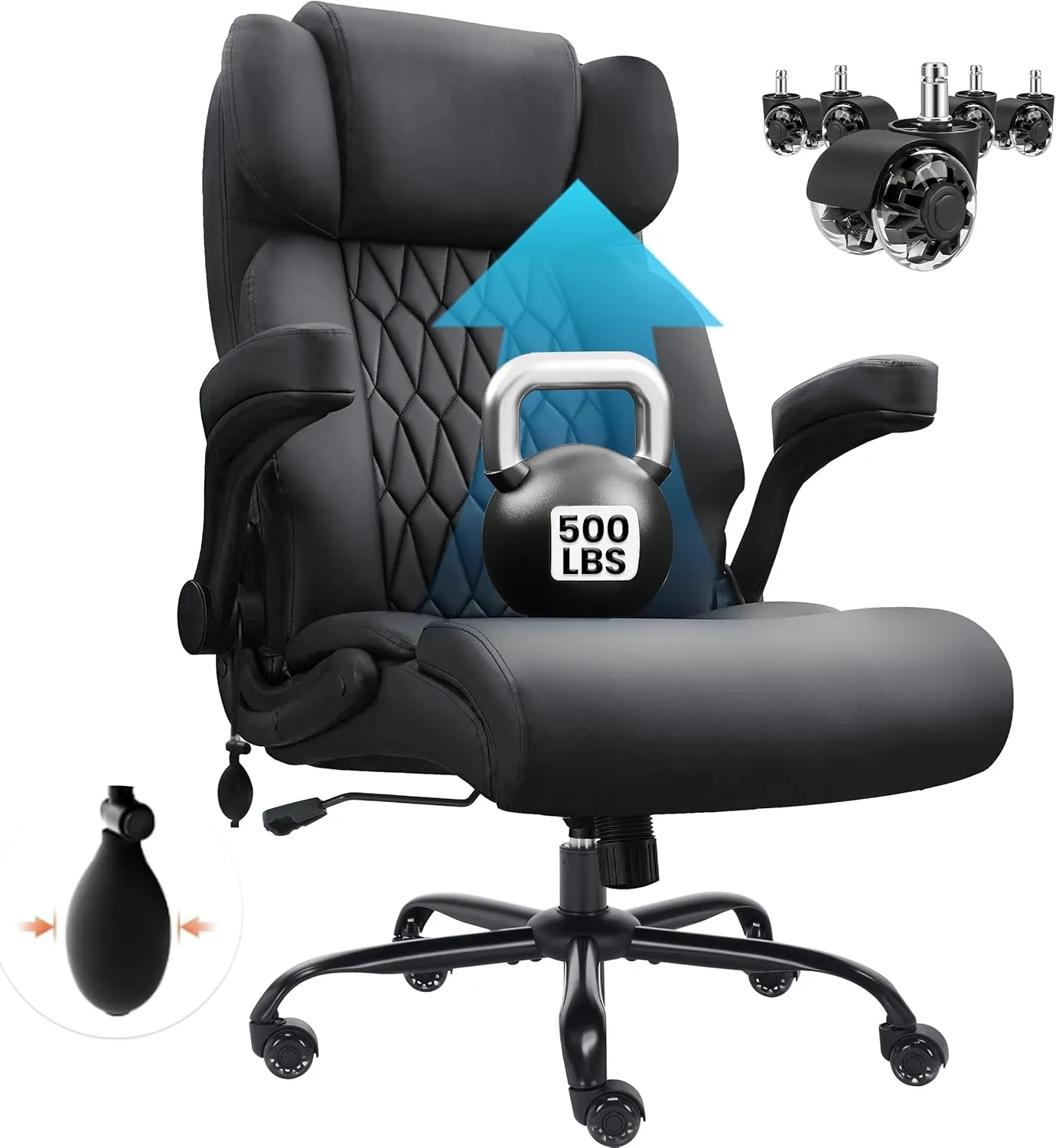 500lbs Big and Tall Office Chair Adjustable Lumbar Support for Back Pain, Extra Wide Seat Executive Ergonomic Comfy Computer Desk Office Chair Thick Armrest Pad, Heavy Duty Base&Upgraded Wheels