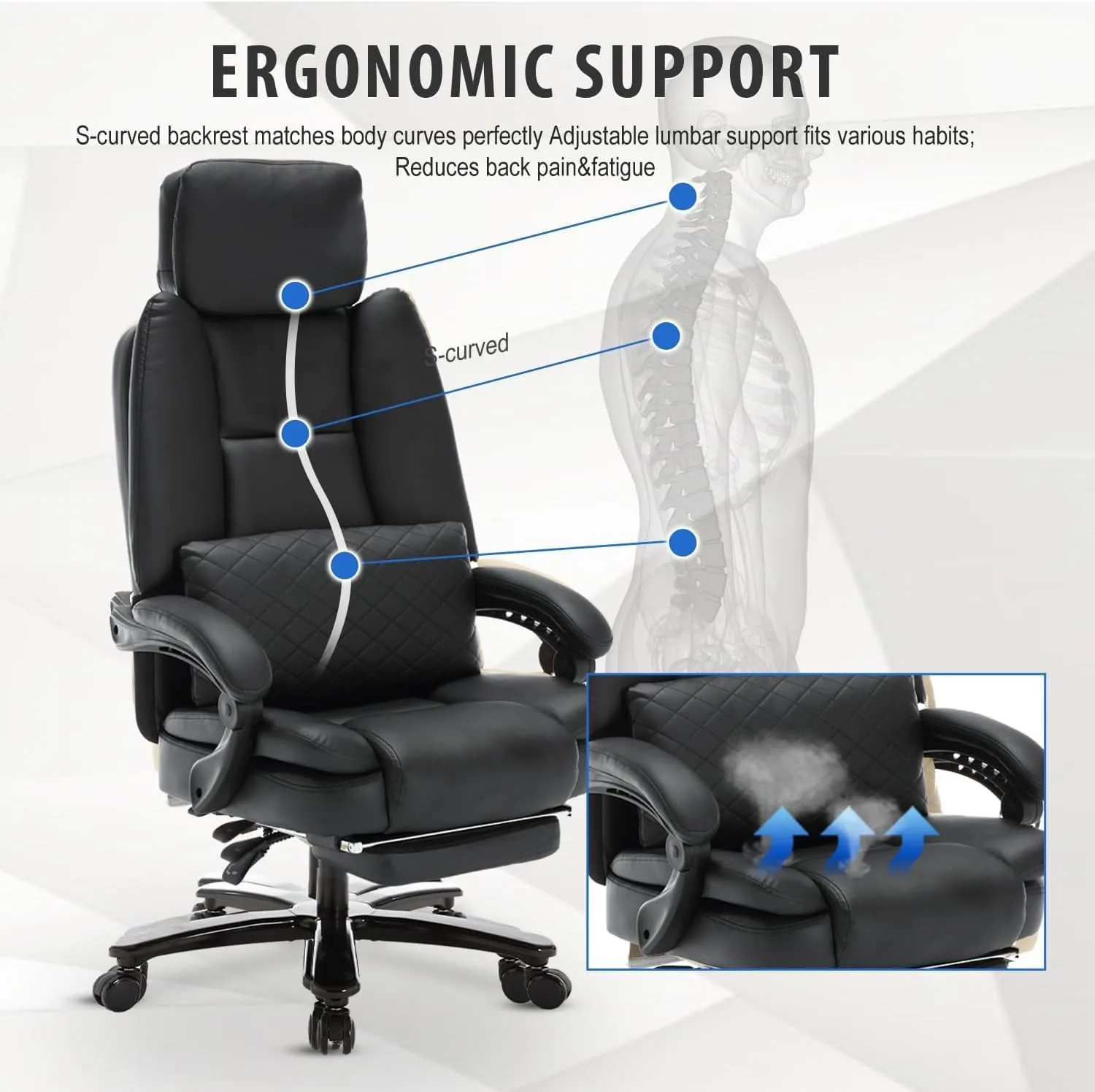 500lbs Big and Tall Reclining Office Desk Chair, Oversized Heavy Duty Executive Chairs with Lumbar Support, PU Leather Recliner Chairs with Footrest, High Back Ergonomic Home Office Desk Chair(Black)