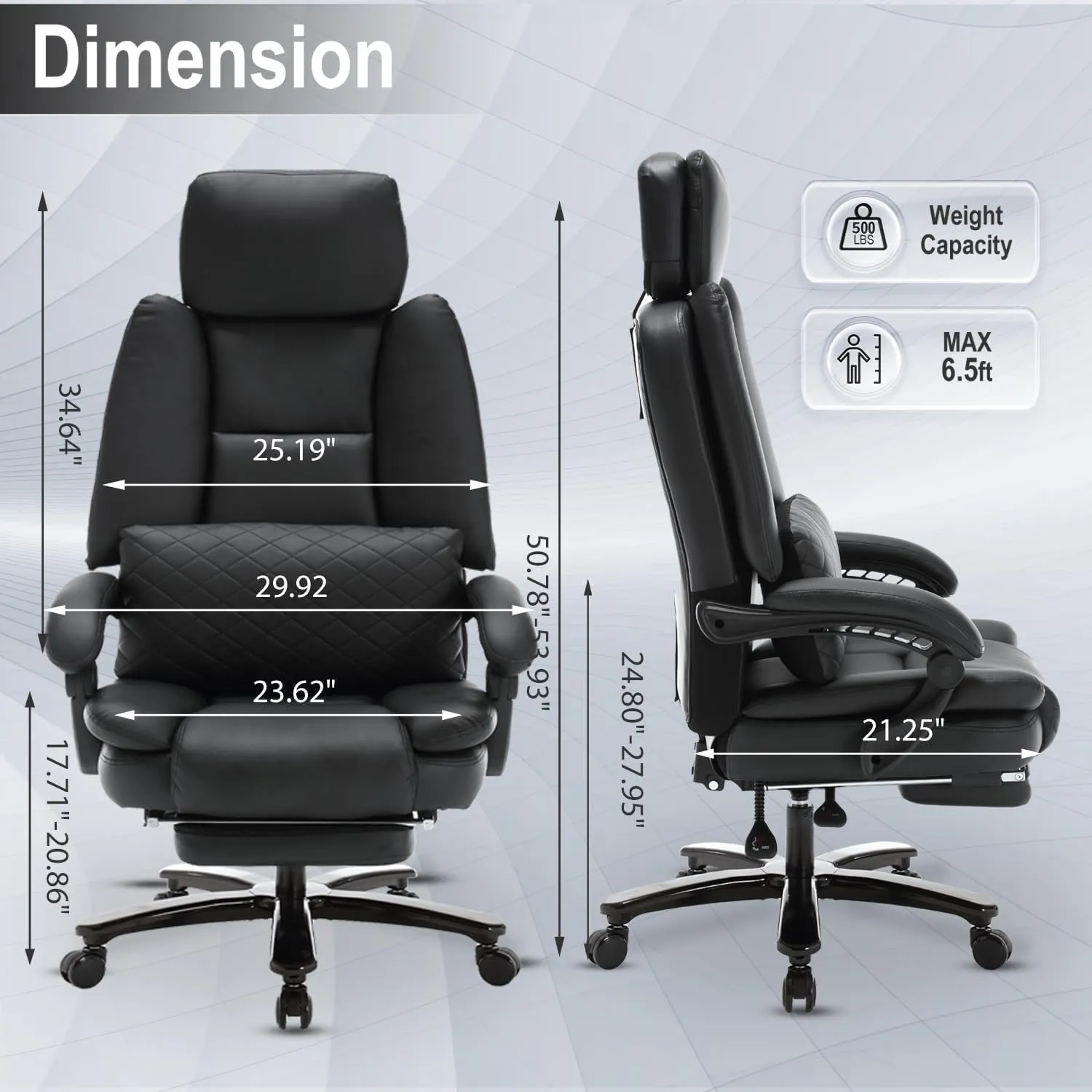 500lbs Big and Tall Reclining Office Desk Chair, Oversized Heavy Duty Executive Chairs with Lumbar Support, PU Leather Recliner Chairs with Footrest, High Back Ergonomic Home Office Desk Chair(Black)