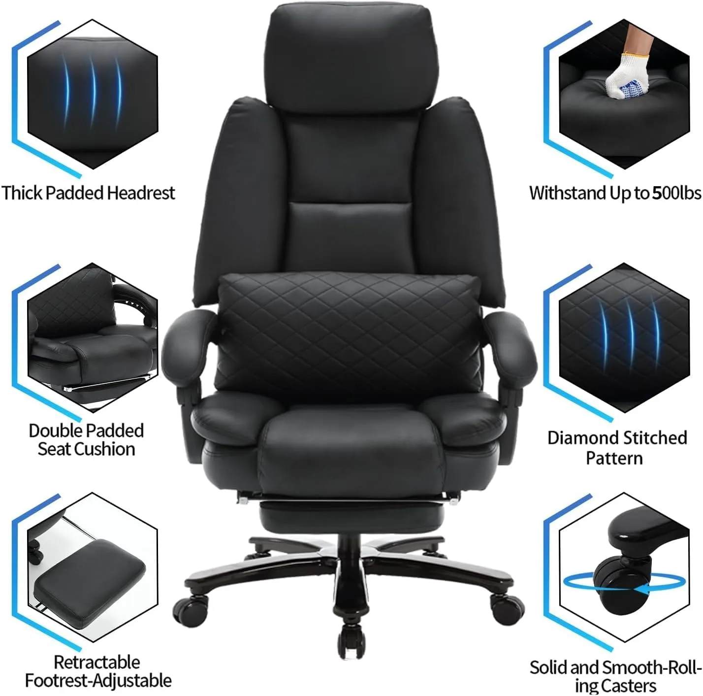 500lbs Big and Tall Reclining Office Desk Chair, Oversized Heavy Duty Executive Chairs with Lumbar Support, PU Leather Recliner Chairs with Footrest, High Back Ergonomic Home Office Desk Chair(Black)