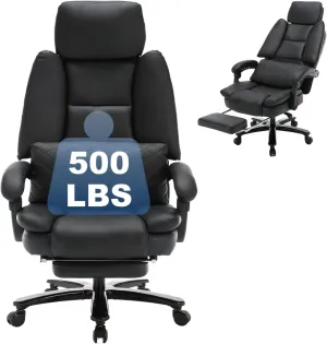500lbs Big and Tall Reclining Office Desk Chair, Oversized Heavy Duty Executive Chairs with Lumbar Support, PU Leather Recliner Chairs with Footrest, High Back Ergonomic Home Office Desk Chair(Black)