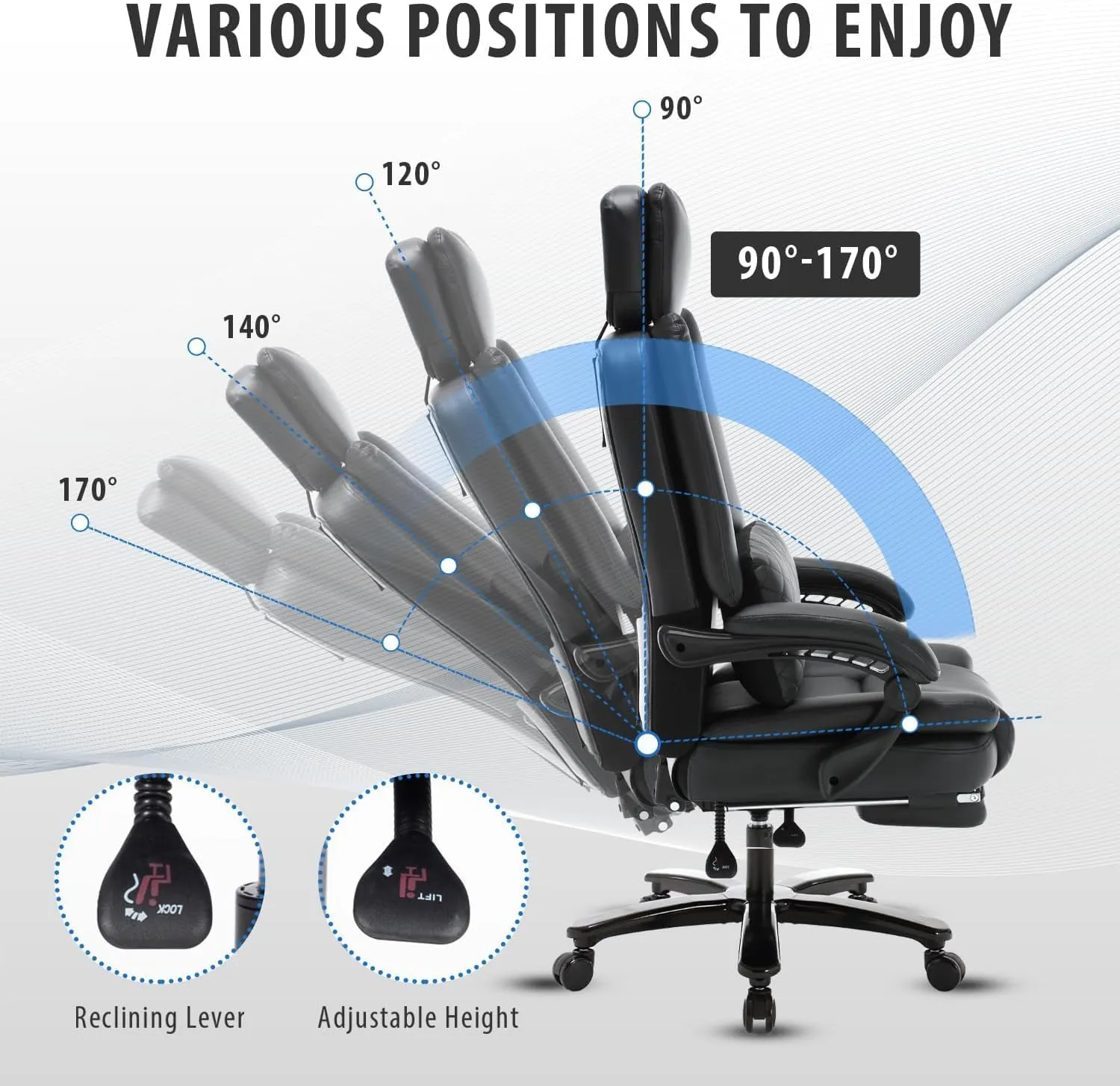 500lbs Big and Tall Reclining Office Desk Chair, Oversized Heavy Duty Executive Chairs with Lumbar Support, PU Leather Recliner Chairs with Footrest, High Back Ergonomic Home Office Desk Chair(Black)