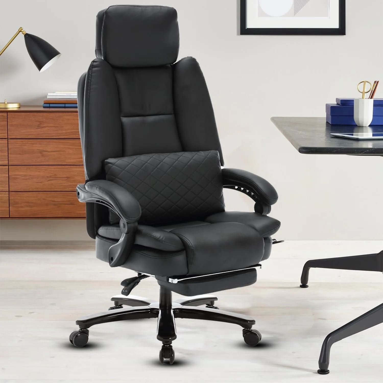 500lbs Big and Tall Reclining Office Desk Chair, Oversized Heavy Duty Executive Chairs with Lumbar Support, PU Leather Recliner Chairs with Footrest, High Back Ergonomic Home Office Desk Chair(Black)