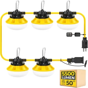 50FT Construction String Lights: 50w 5500lm ETL Certified Bright Industrial Outdoor Temporary Lighting Led Hanging IP65 Waterproof 18AWG Wire Work Light for Attic Jobsite Garage