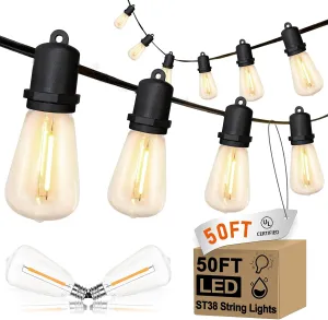 50FT LED Outdoor String Lights with 27 Shatterproof ST38 Edison Bulbs, Waterproof Patio Lights for Christmas, Backyard, Garden, Porch, Balcony, Camping