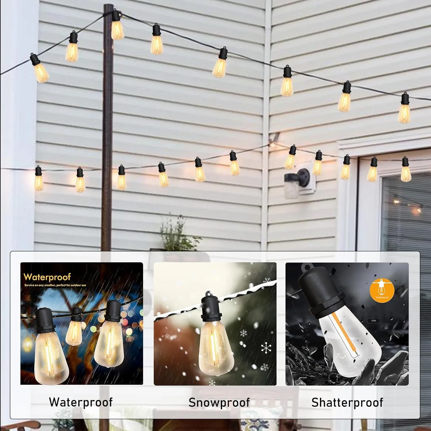 50FT LED Outdoor String Lights with 27 Shatterproof ST38 Edison Bulbs, Waterproof Patio Lights for Christmas, Backyard, Garden, Porch, Balcony, Camping