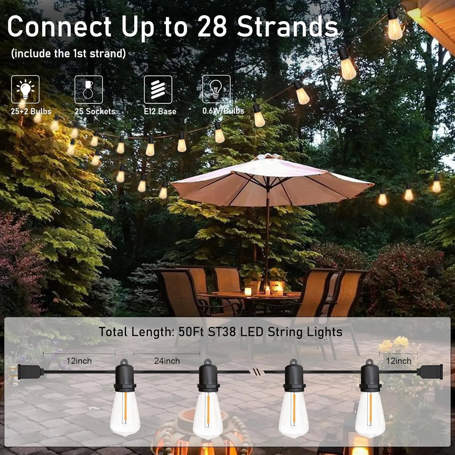50FT LED Outdoor String Lights with 27 Shatterproof ST38 Edison Bulbs, Waterproof Patio Lights for Christmas, Backyard, Garden, Porch, Balcony, Camping