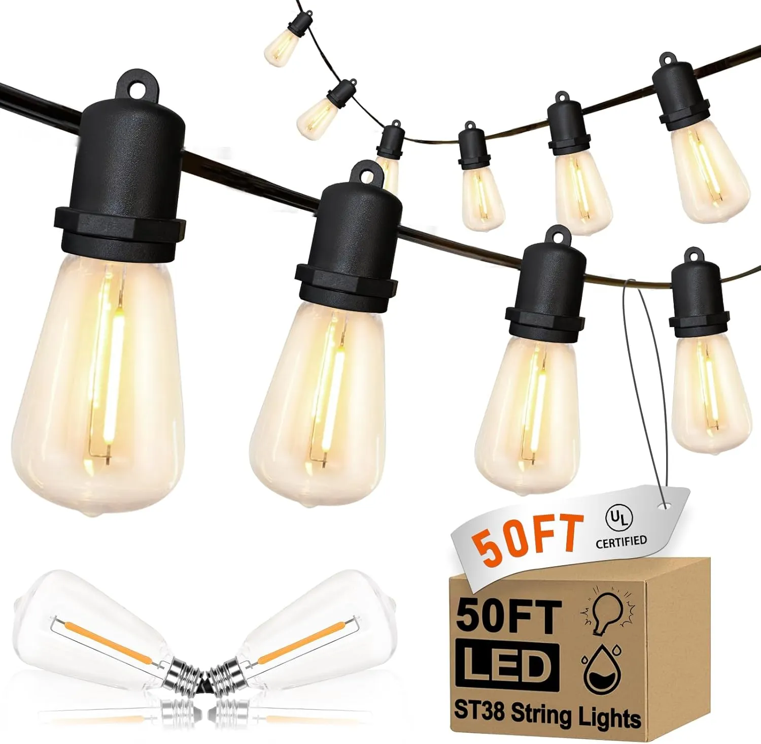 50FT LED Outdoor String Lights with 27 Shatterproof ST38 Edison Bulbs, Waterproof Patio Lights for Christmas, Backyard, Garden, Porch, Balcony, Camping