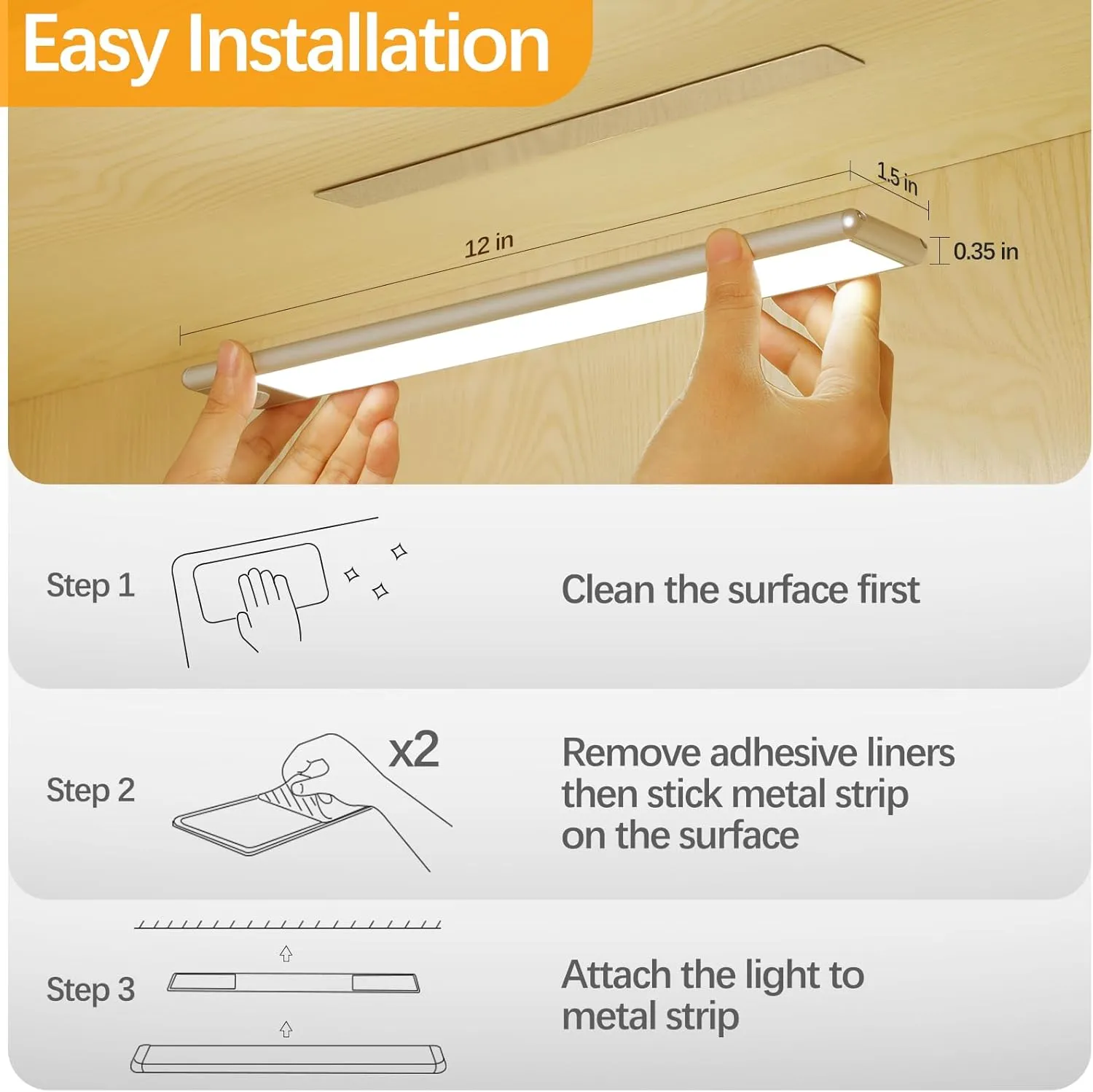 51-LED Motion Sensor Under Cabinet Lighting, 12-inch Magnetic Rechargeable Under Counter Closet Lights, Wireless Light Bar, 3-Pack, Warm White