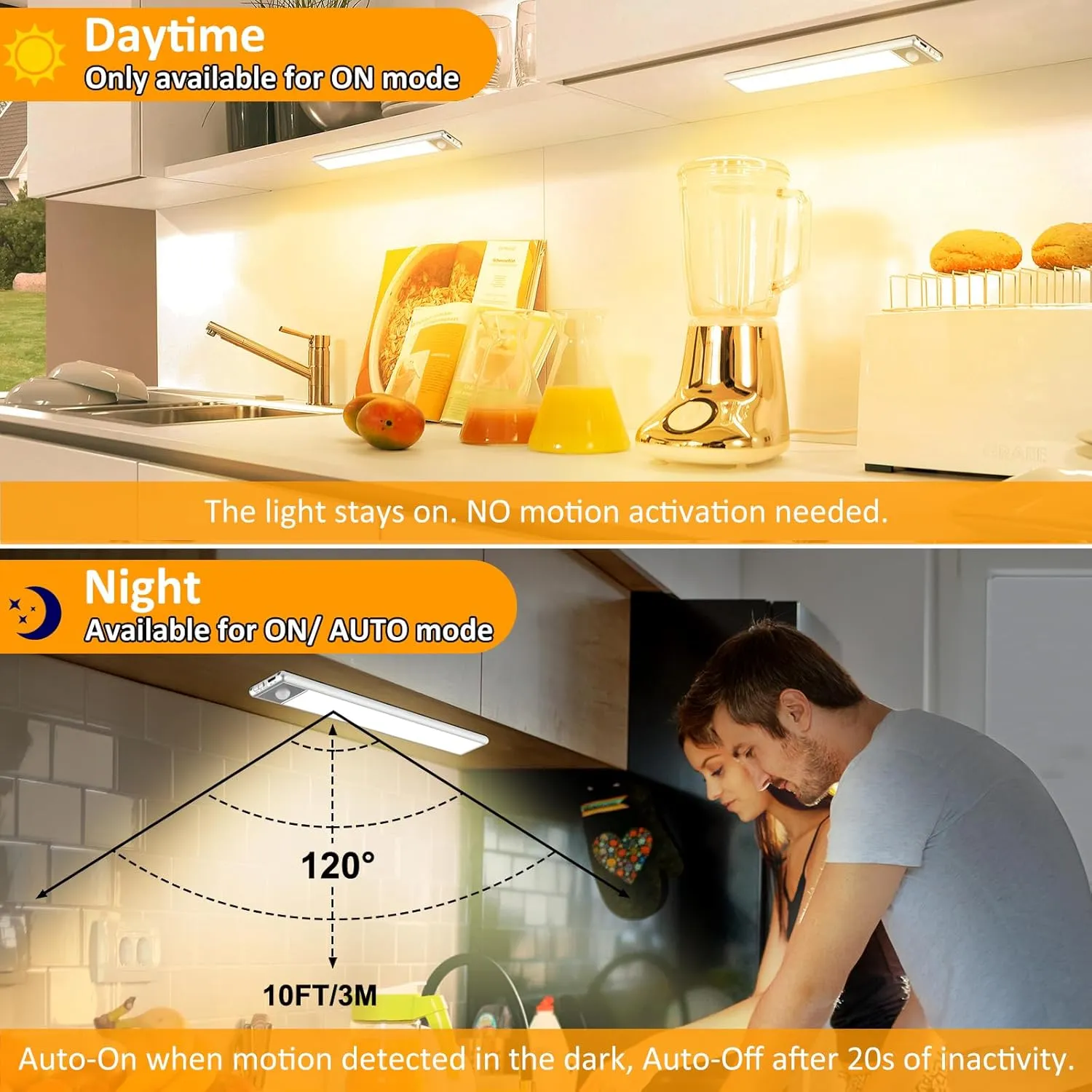 51-LED Motion Sensor Under Cabinet Lighting, 12-inch Magnetic Rechargeable Under Counter Closet Lights, Wireless Light Bar, 3-Pack, Warm White