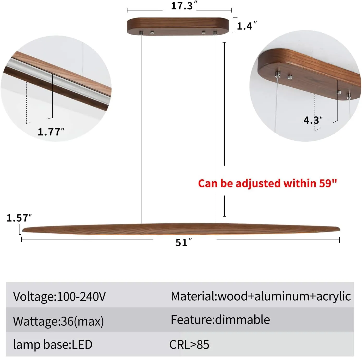 51" Wood Linear Pendant Light Wood Dining Room Light Fixture Modern Pool Table Lights Kitchen Island Lights for Dining Room Bar Kitchen Island Walnut Color