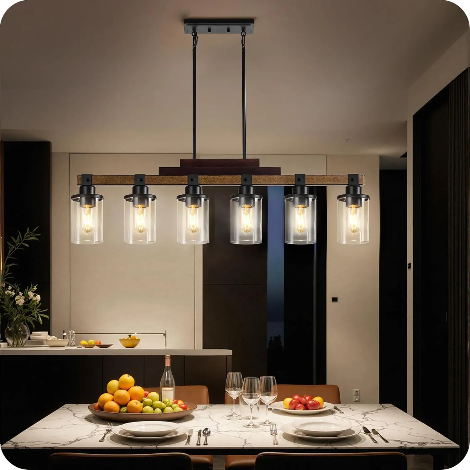 6-Light Kitchen Island Lighting, Dining Table Light Fixture Over, Farmhouse Ceiling Pendant Light Fixtures with Round Glass Shade,E26 Base (Bulb Not Included),Height Adjustable F02DT05