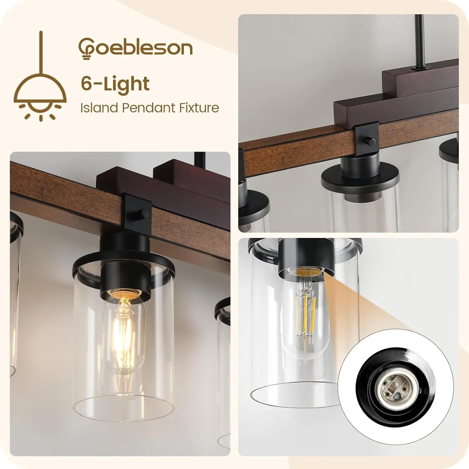 6-Light Kitchen Island Lighting, Dining Table Light Fixture Over, Farmhouse Ceiling Pendant Light Fixtures with Round Glass Shade,E26 Base (Bulb Not Included),Height Adjustable F02DT05