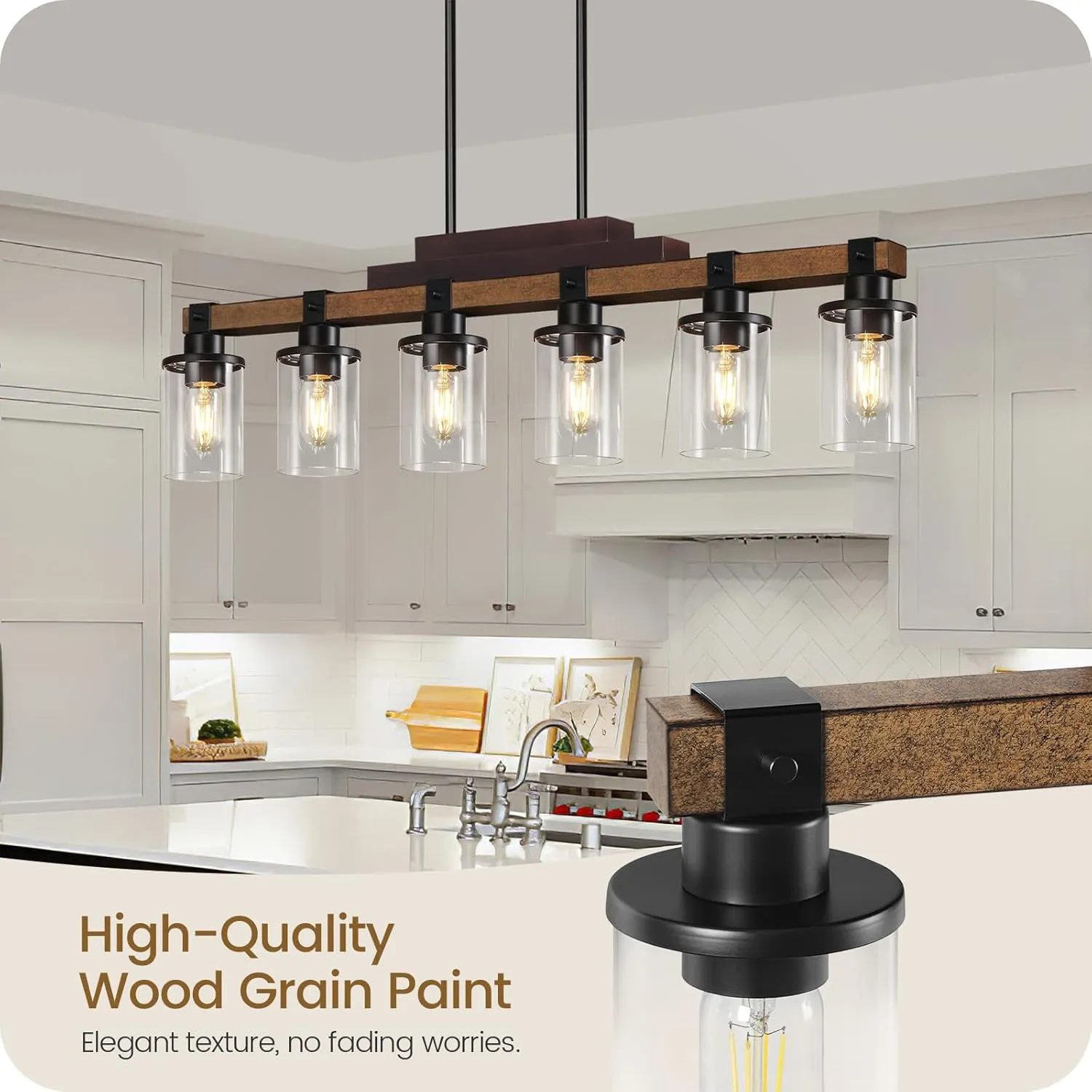 6-Light Kitchen Island Lighting, Dining Table Light Fixture Over, Farmhouse Ceiling Pendant Light Fixtures with Round Glass Shade,E26 Base (Bulb Not Included),Height Adjustable F02DT05