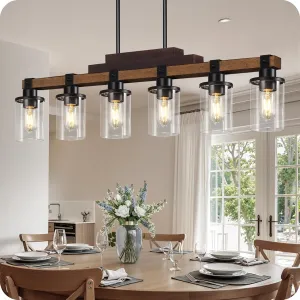 6-Light Kitchen Island Lighting, Dining Table Light Fixture Over, Farmhouse Ceiling Pendant Light Fixtures with Round Glass Shade,E26 Base (Bulb Not Included),Height Adjustable F02DT05