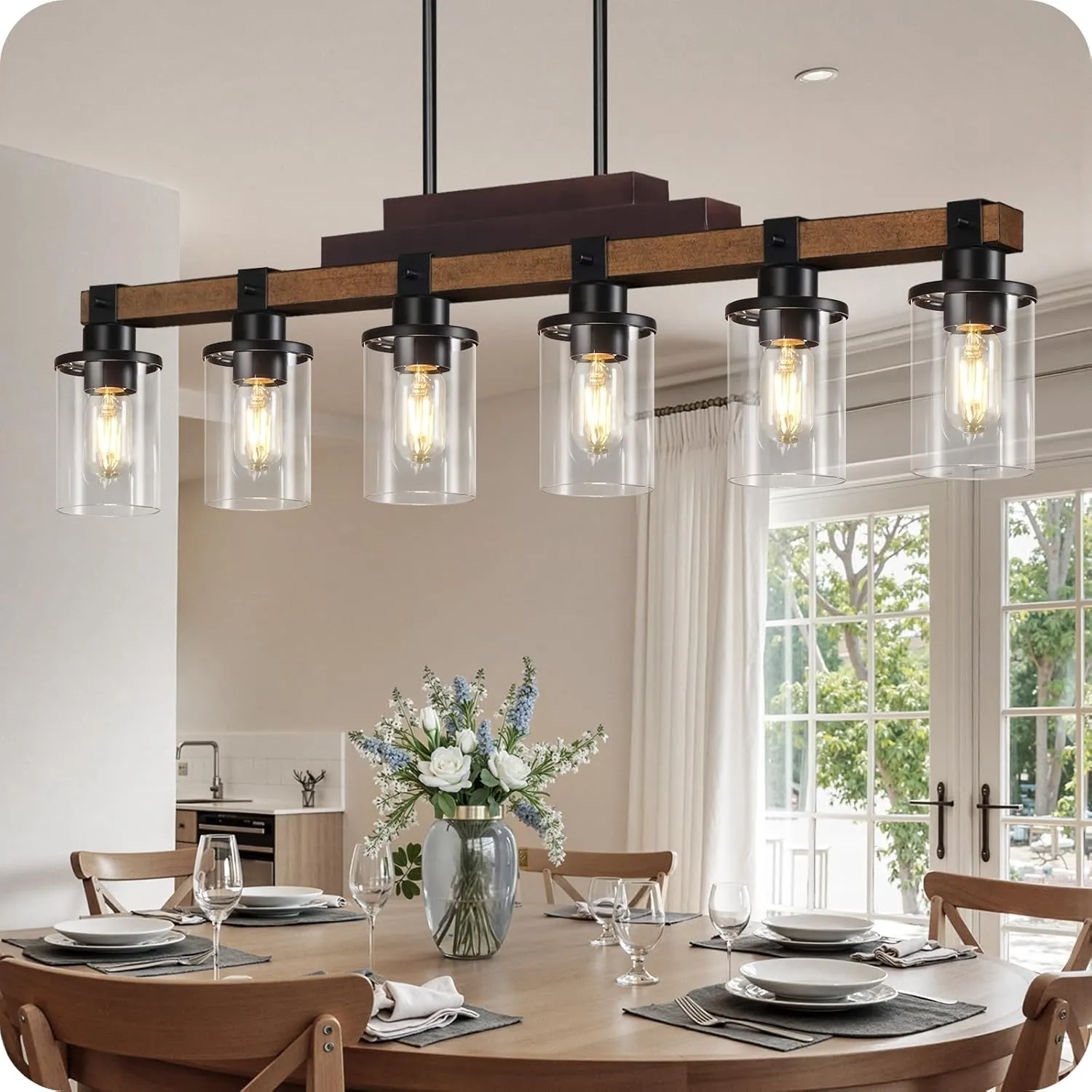 6-Light Kitchen Island Lighting, Dining Table Light Fixture Over, Farmhouse Ceiling Pendant Light Fixtures with Round Glass Shade,E26 Base (Bulb Not Included),Height Adjustable F02DT05