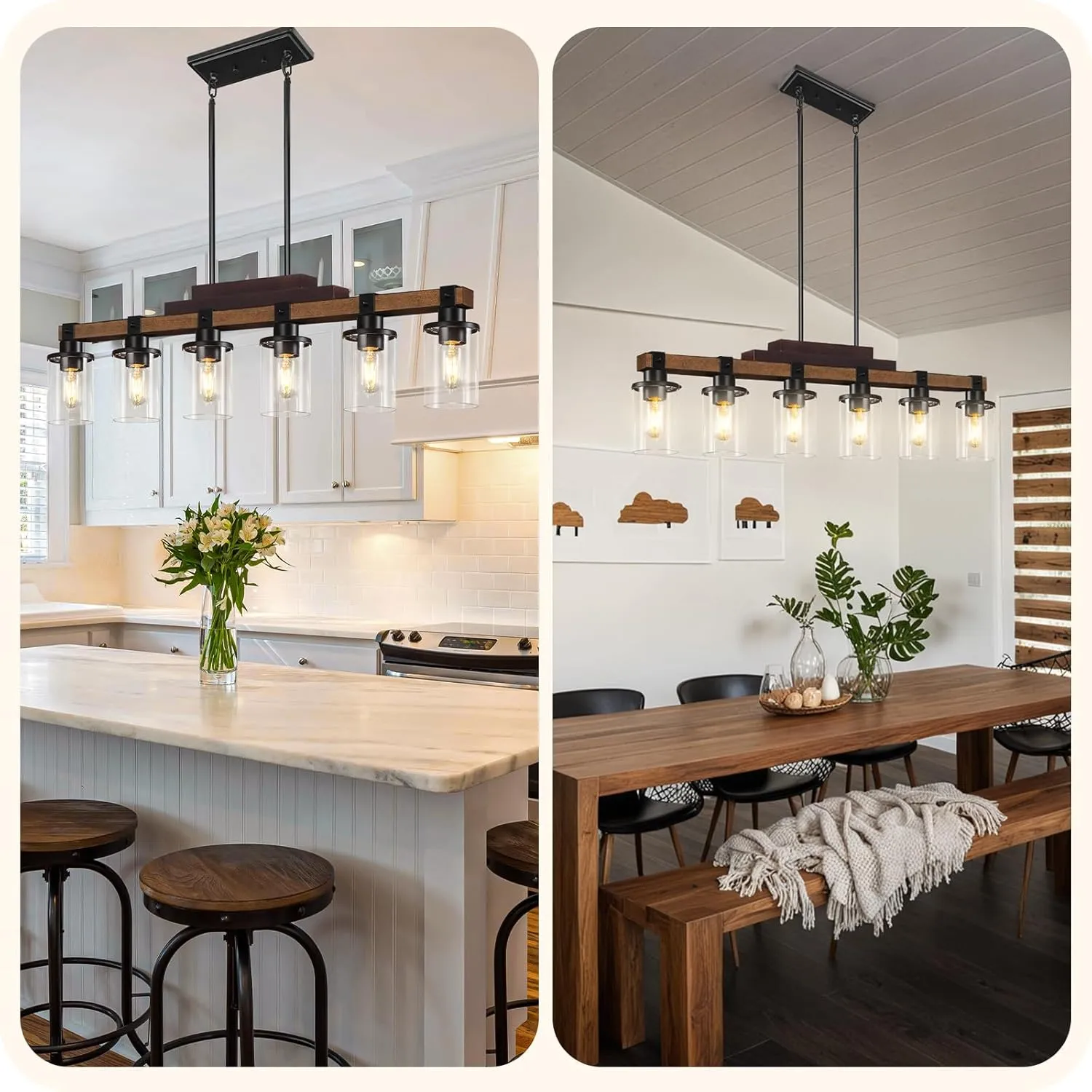 6-Light Kitchen Island Lighting, Dining Table Light Fixture Over, Farmhouse Ceiling Pendant Light Fixtures with Round Glass Shade,E26 Base (Bulb Not Included),Height Adjustable F02DT05