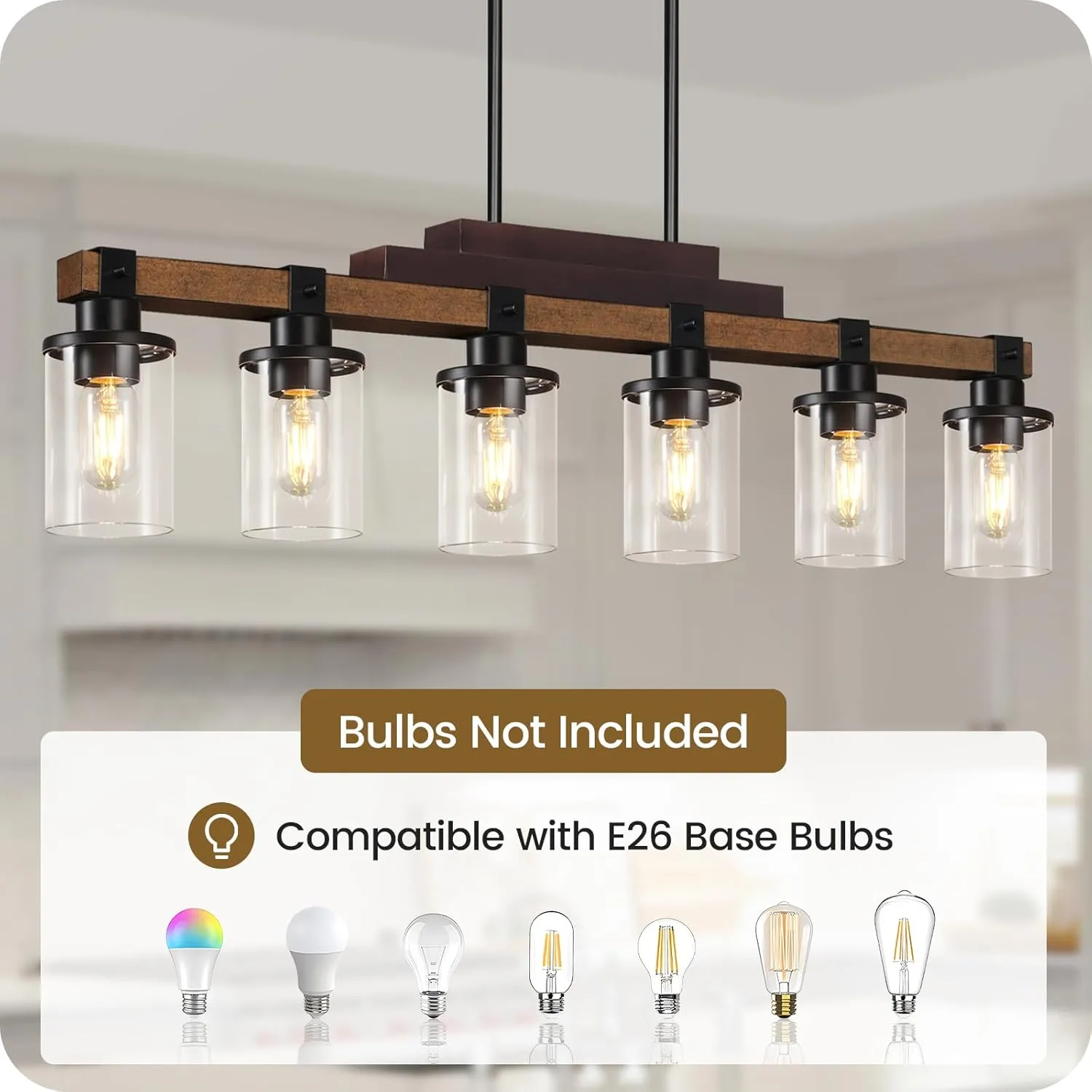 6-Light Kitchen Island Lighting, Dining Table Light Fixture Over, Farmhouse Ceiling Pendant Light Fixtures with Round Glass Shade,E26 Base (Bulb Not Included),Height Adjustable F02DT05