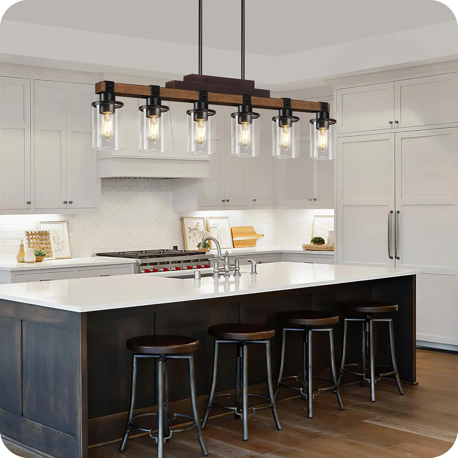 6-Light Kitchen Island Lighting, Dining Table Light Fixture Over, Farmhouse Ceiling Pendant Light Fixtures with Round Glass Shade,E26 Base (Bulb Not Included),Height Adjustable F02DT05