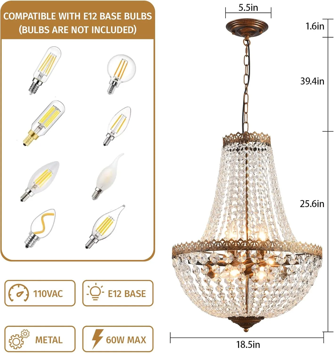 6 Lights French Empire Crystal Chandelier Farmhouse Pendant Lighting, Antique Bronze Ceiling Light Fixture for Dining Room Bedroom Foyer Living Room, W18.5 x H25.6