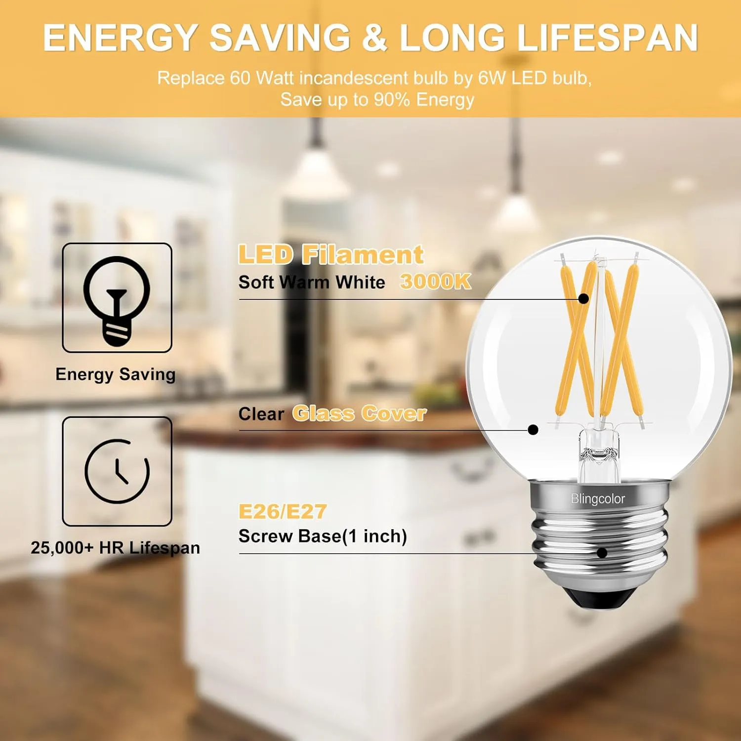 6 Pack Dimmable G16.5 LED Light Bulbs 60 Watt, E26 LED Bulbs 60 Watt Soft White 3000K, 6W E26 Globe LED Edison Small Light Bulb for Sputnik Chandelier, Vanity Lights, CRI80 , AC120V, 600lm