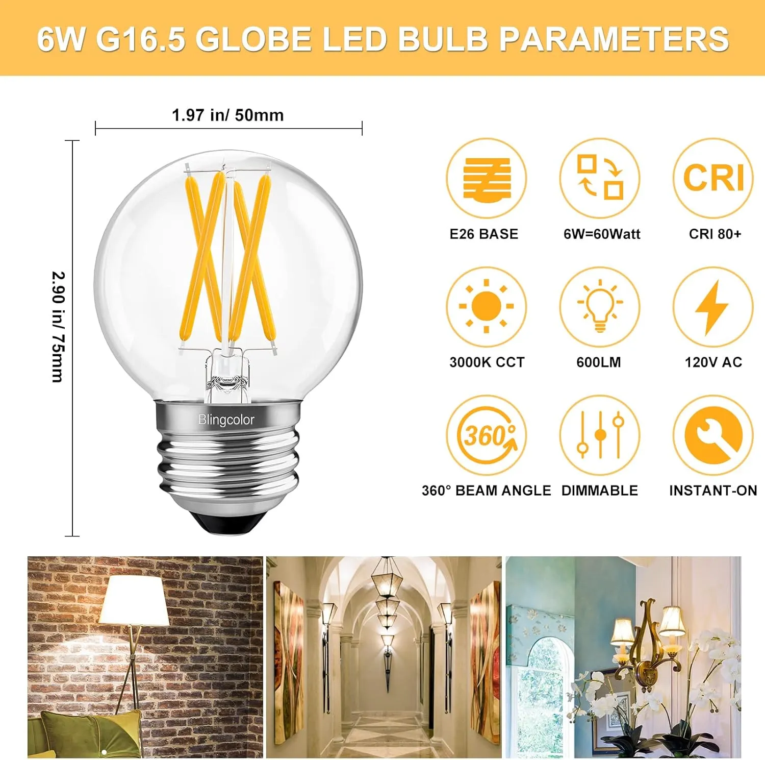 6 Pack Dimmable G16.5 LED Light Bulbs 60 Watt, E26 LED Bulbs 60 Watt Soft White 3000K, 6W E26 Globe LED Edison Small Light Bulb for Sputnik Chandelier, Vanity Lights, CRI80 , AC120V, 600lm