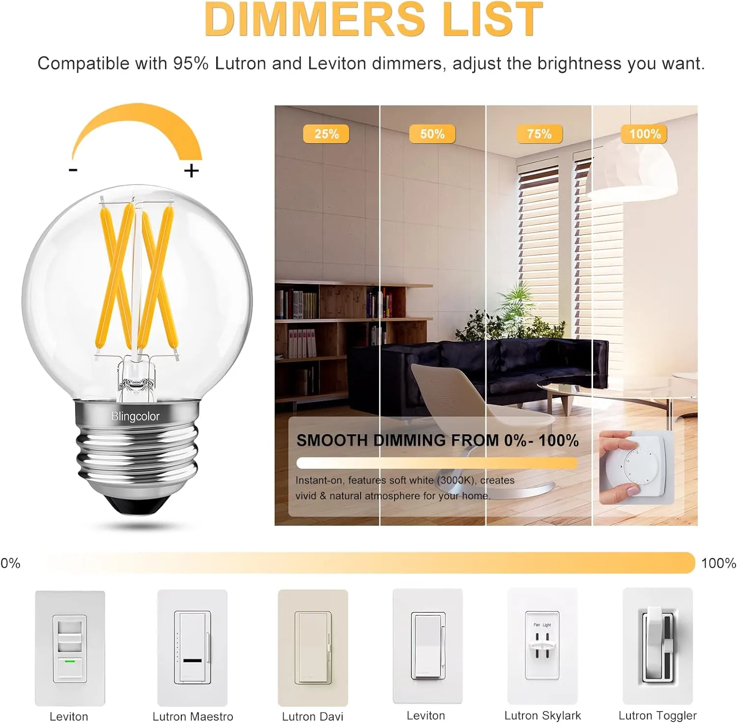 6 Pack Dimmable G16.5 LED Light Bulbs 60 Watt, E26 LED Bulbs 60 Watt Soft White 3000K, 6W E26 Globe LED Edison Small Light Bulb for Sputnik Chandelier, Vanity Lights, CRI80 , AC120V, 600lm