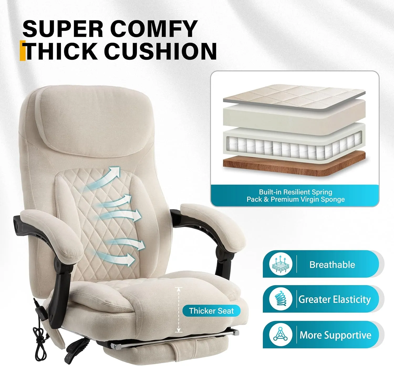6-Point Massage Office Chair with Heated, Ergonomic Desk Chairs with Footrest & 135°Reclining High Back, Big and Tall Executive Offices Chair 500LBS, Thick Cushion Gaming Chair for Home Office, Beige