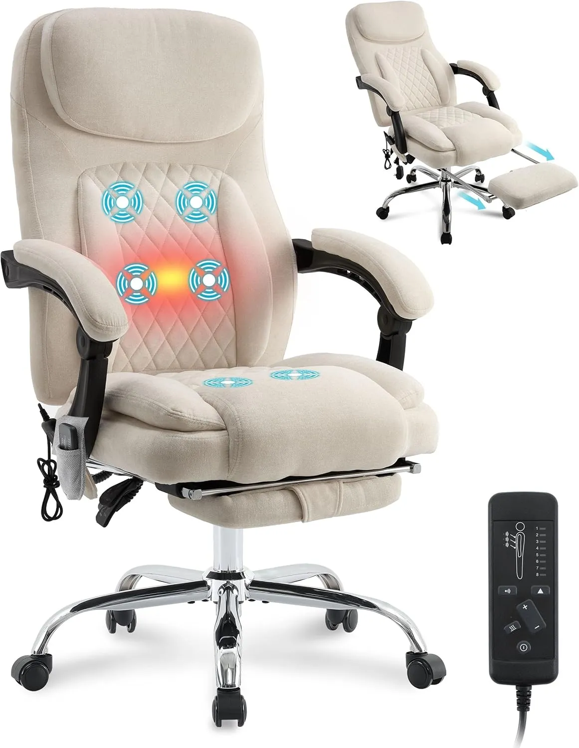 6-Point Massage Office Chair with Heated, Ergonomic Desk Chairs with Footrest & 135°Reclining High Back, Big and Tall Executive Offices Chair 500LBS, Thick Cushion Gaming Chair for Home Office, Beige