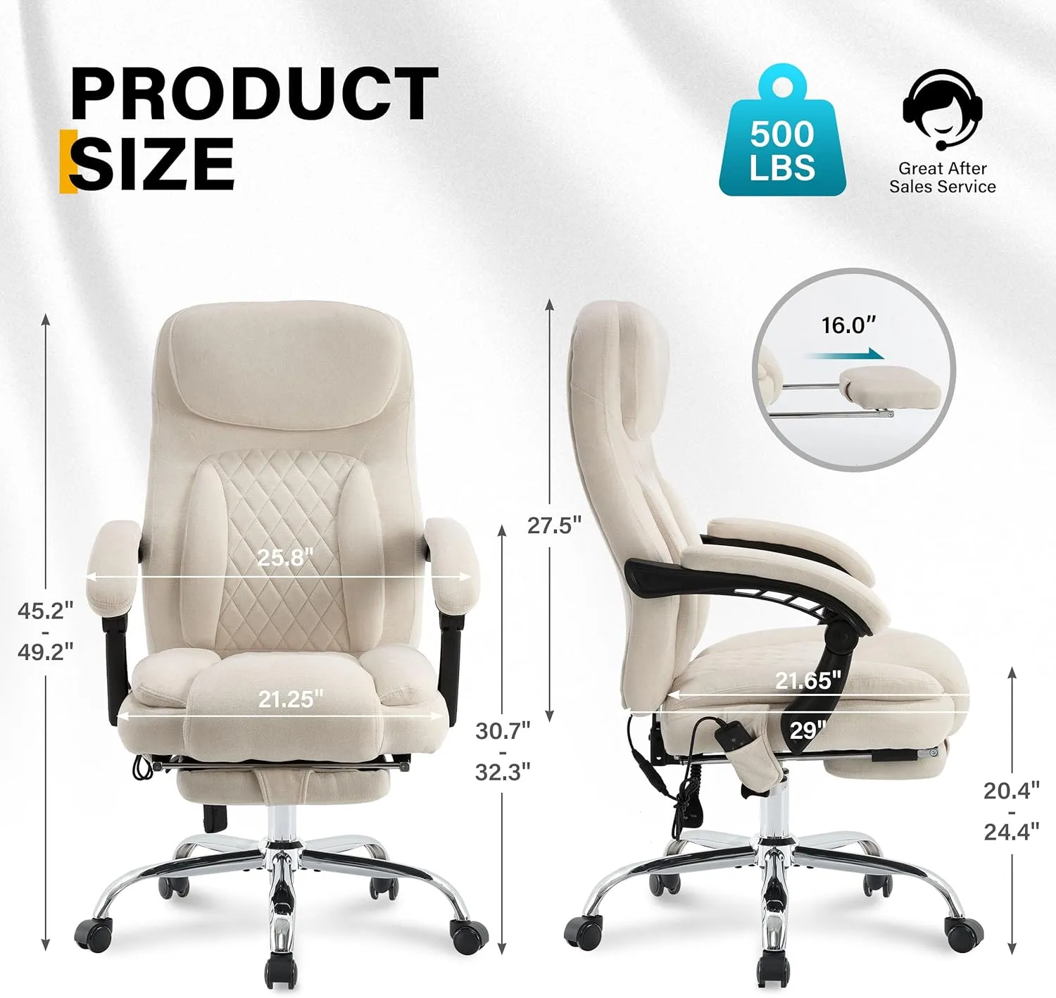 6-Point Massage Office Chair with Heated, Ergonomic Desk Chairs with Footrest & 135°Reclining High Back, Big and Tall Executive Offices Chair 500LBS, Thick Cushion Gaming Chair for Home Office, Beige
