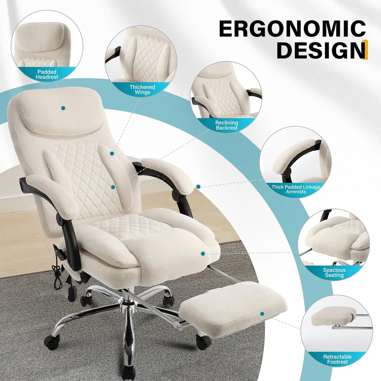 6-Point Massage Office Chair with Heated, Ergonomic Desk Chairs with Footrest & 135°Reclining High Back, Big and Tall Executive Offices Chair 500LBS, Thick Cushion Gaming Chair for Home Office, Beige