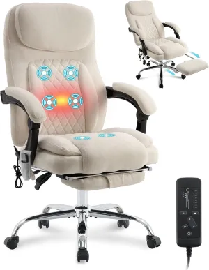 6-Point Massage Office Chair with Heated, Ergonomic Desk Chairs with Footrest & 135°Reclining High Back, Big and Tall Executive Offices Chair 500LBS, Thick Cushion Gaming Chair for Home Office, Beige