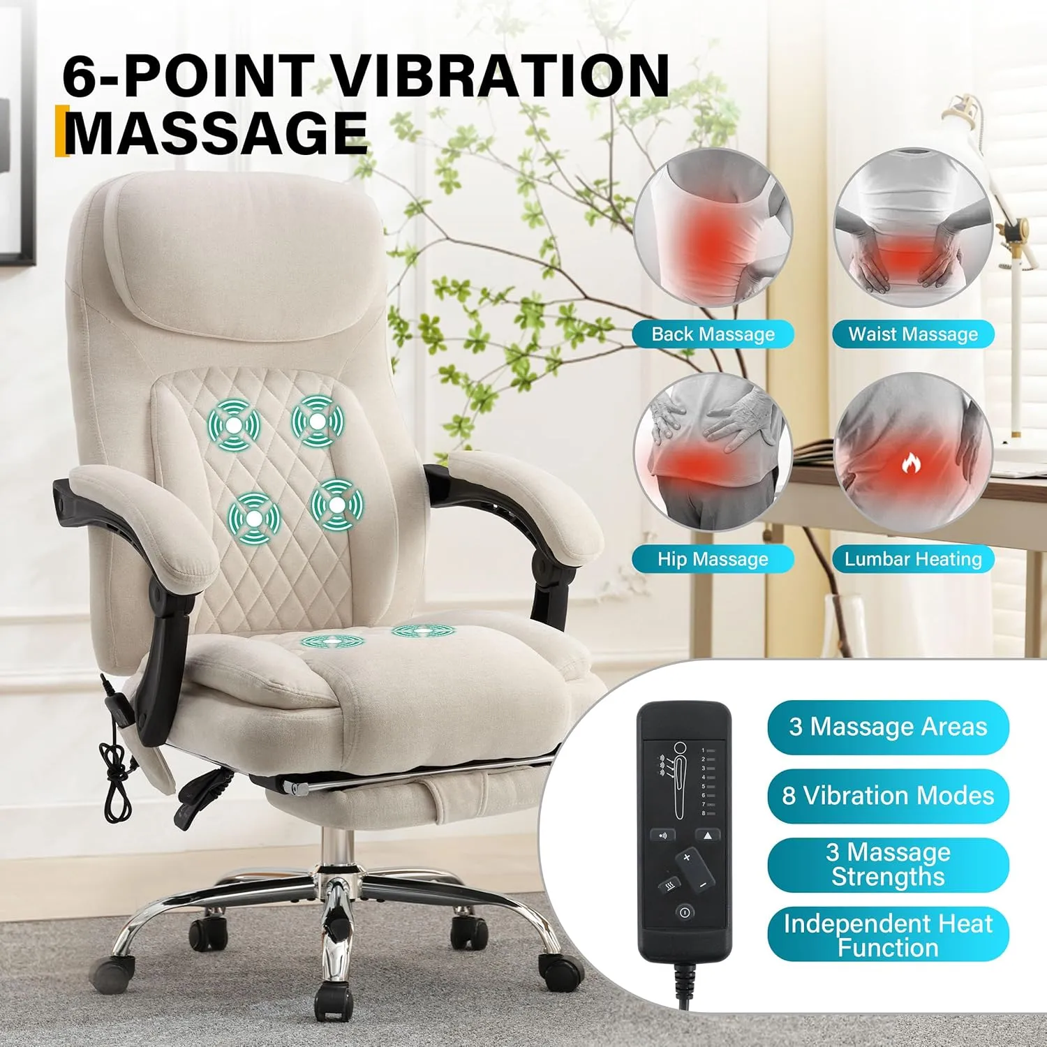 6-Point Massage Office Chair with Heated, Ergonomic Desk Chairs with Footrest & 135°Reclining High Back, Big and Tall Executive Offices Chair 500LBS, Thick Cushion Gaming Chair for Home Office, Beige