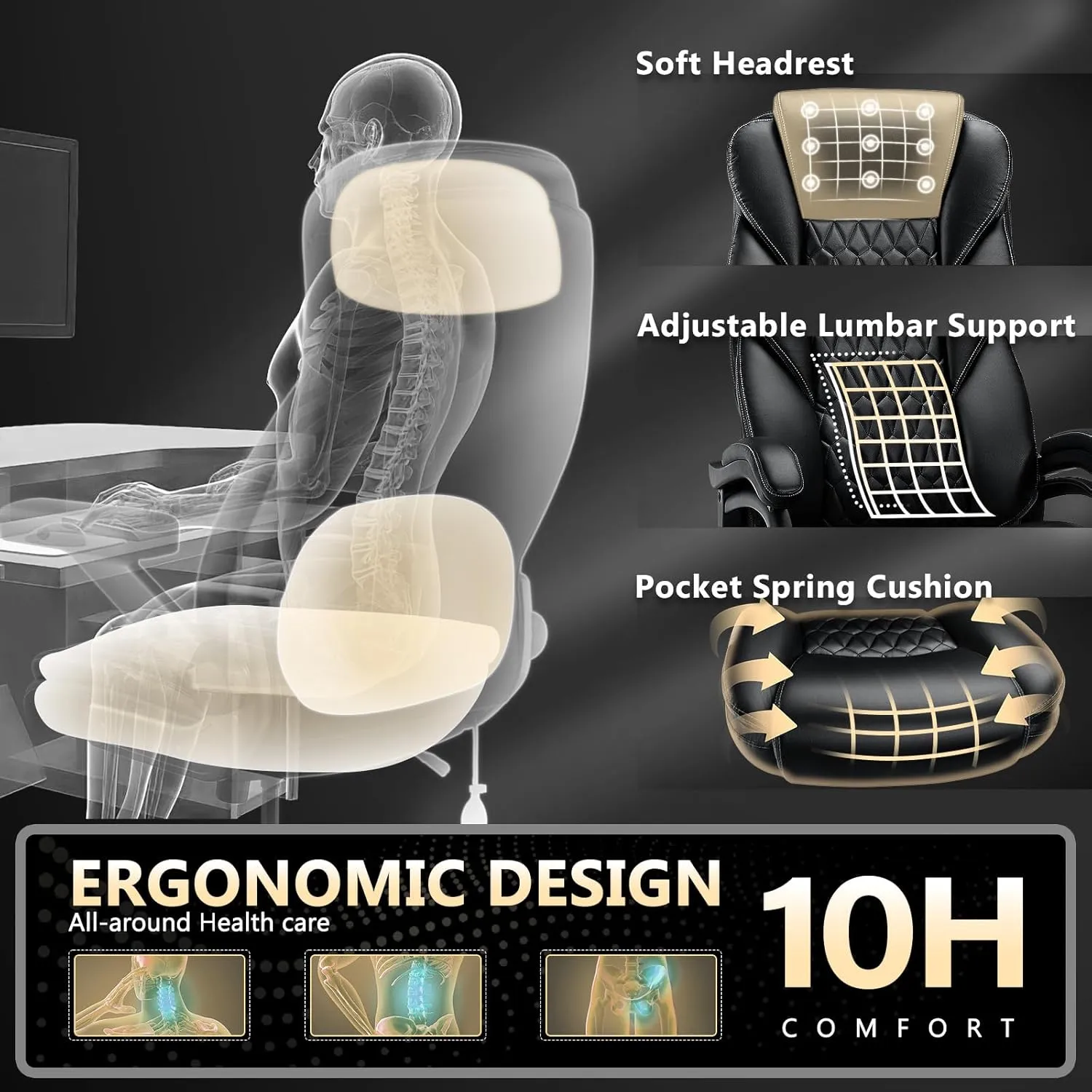 600lbs Big and Tall Office Chair with Pocket Spring Cushion, Ergonomic Heavy Duty Office Chair for Low Back Pain Relief, Large Executive Desk Chair with Adjustable Lumbar Support