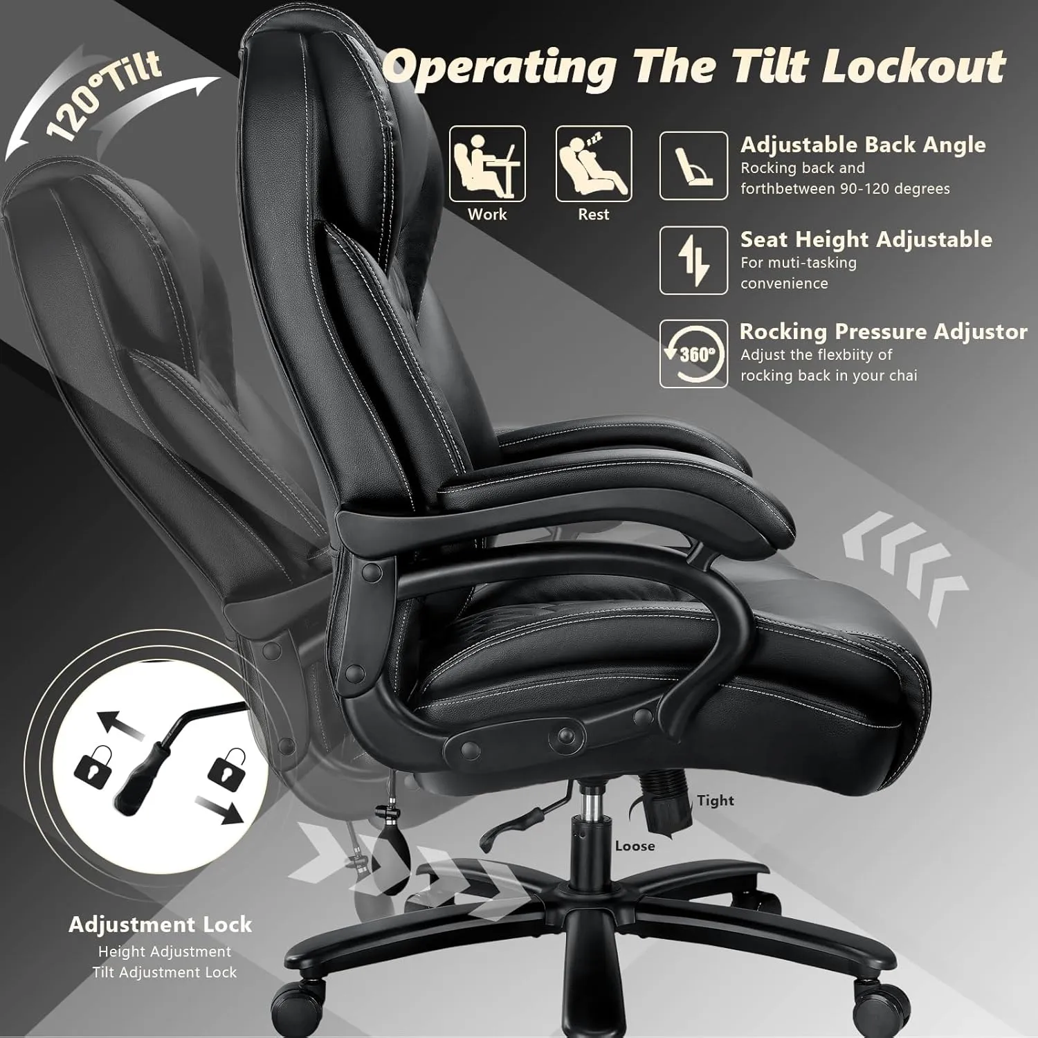 600lbs Big and Tall Office Chair with Pocket Spring Cushion, Ergonomic Heavy Duty Office Chair for Low Back Pain Relief, Large Executive Desk Chair with Adjustable Lumbar Support